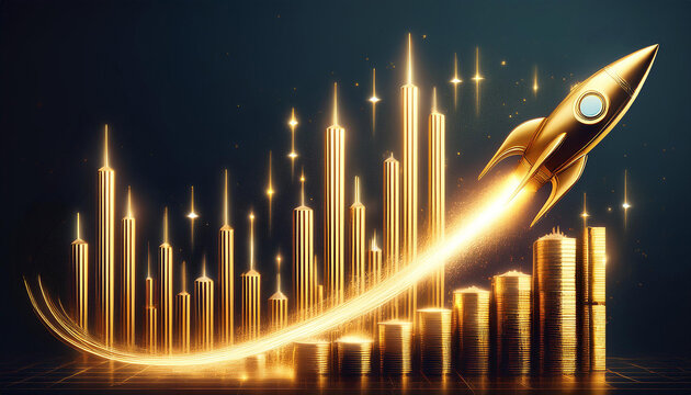 Golden rocket is launching from growing stacks of coins towards a futuristic city skyline, symbolizing successful investments and financial growth