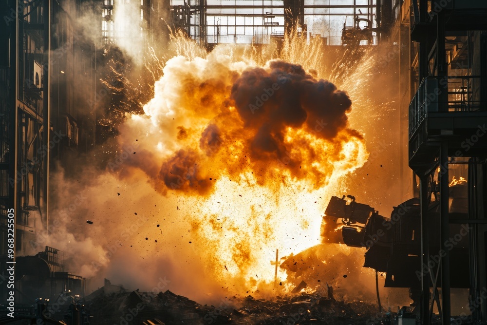 Poster This powerful image depicts a massive industrial explosion with a massive fireball and clouds of smoke, representing the sudden and destructive force of such events.