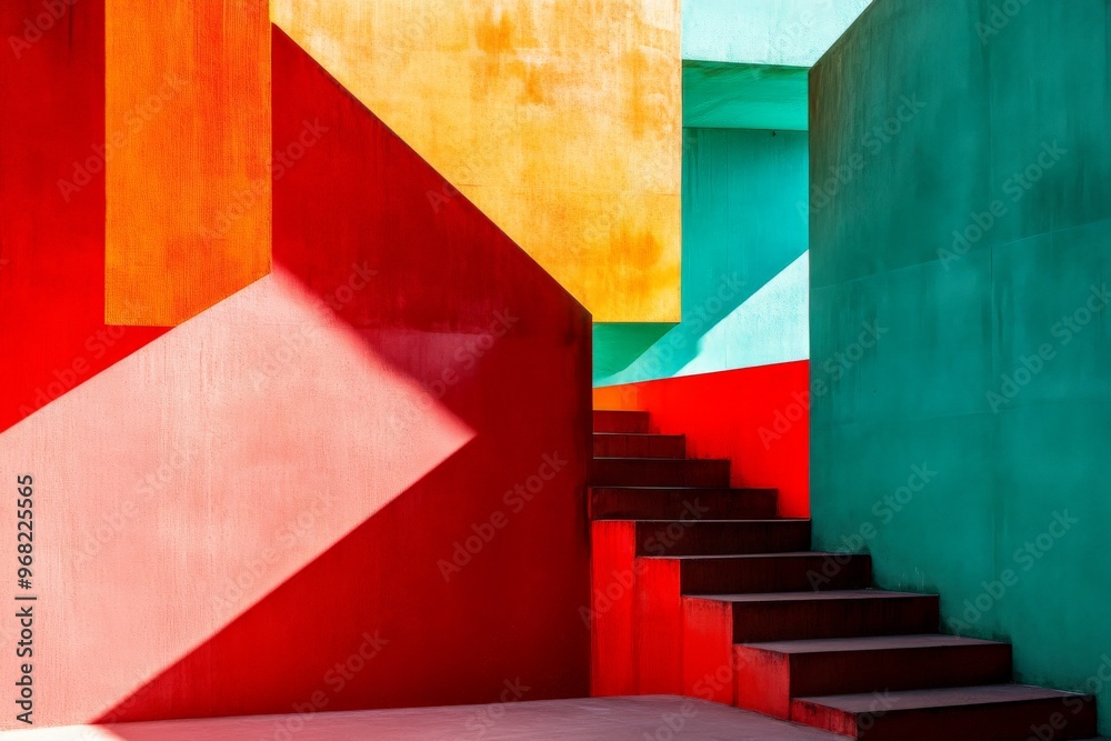 Poster this vibrant image showcases a colorful geometric wall with various shades intersecting sharply and 