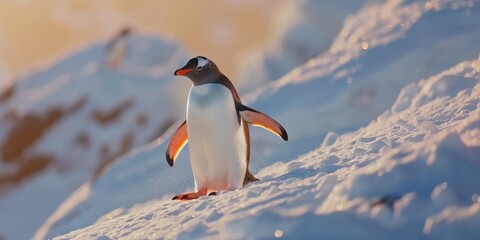 Gentoo penguin traverses snowy slope while glancing back