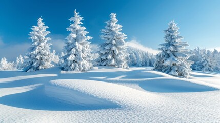 Fototapeta premium Fluffy spruce trees blanketed in snow stand proudly in a white field under a bright blue sky snowdrifts banner