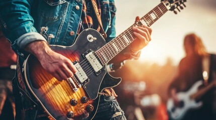 Obraz premium Close-up of a Musician Playing a Sunburst Electric Guitar