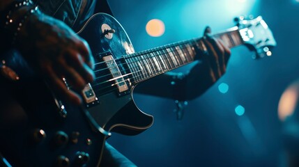 Obraz premium Close-up of a Musician's Hand Playing an Electric Guitar on Stage