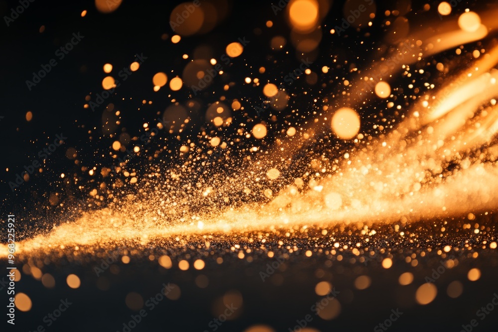 Poster a mesmerizing display of golden sparkles and light streaks against a dark background, showcasing cap