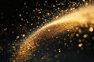 Fototapeta premium A dynamic explosion of golden dust captured against a dark background, illustrating the captivating motion and energy of dispersed particles in an abstract setting.
