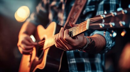 Obraz premium Closeup of a Musician's Hand Playing an Acoustic Guitar