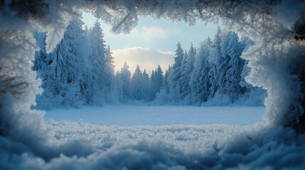 Frost patterns frame window, snowy forest, Christmas wallpaper, white winter background, nature, pine trees, New Year, beauty, landscape with snow, snowdrifts