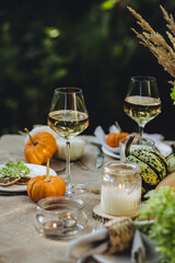 Cozy fall table decoration for Thanksgiving family dinner or romantic autumn wedding outdoors with small pumpkins, candles. White wine. Countryside style, cottage core, beautiful elegant setting