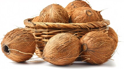 Freshly Harvested Coconuts in Rustic Wicker Basket Showcasing Tropical Bounty and Wellness