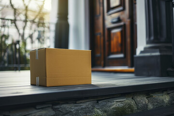blank shipping box on the house porch. home delivery service