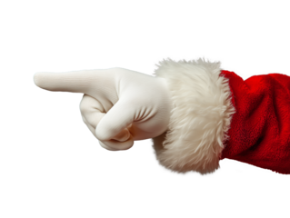 A hand dressed in white gloves and part of a red Santa suit with fluffy white trim is pointing to the left, evoking a festive and cheerful Christmas spirit