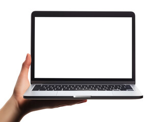 A hand presents a laptop with a blank screen, highlighting the device's sleek design and modern aesthetics in a simple, clean environment