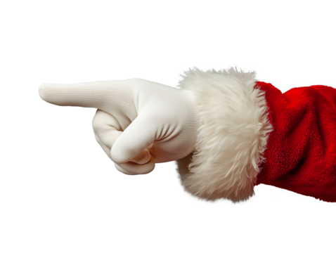 A hand dressed in white gloves and part of a red Santa suit with fluffy white trim is pointing to the left, evoking a festive and cheerful Christmas spirit
