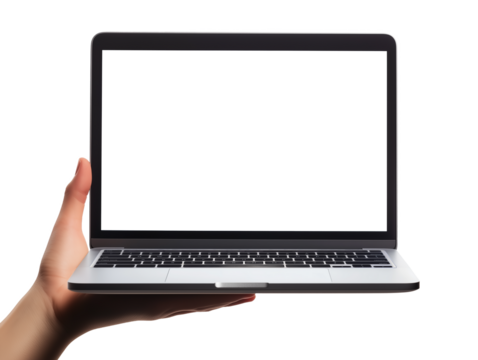 A hand presents a laptop with a blank screen, highlighting the device's sleek design and modern aesthetics in a simple, clean environment