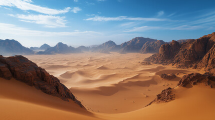 Naklejka premium Vast Desert Plateau with Jagged Rocks and Endless Golden Dunes Under Clear Blue Sky
