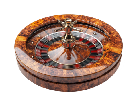 The roulette wheel spins gracefully, revealing its vibrant colors and classic design, inviting players to experience the thrill of chance in an upscale gaming environment - Powered by Adobe