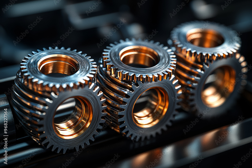 Poster a set of four interconnected gears in motion, depicting the mechanical cycle of interdependent syste