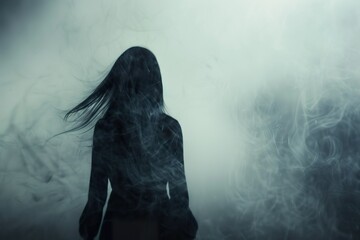 Fototapeta premium A woman is walking through a misty blue sky,