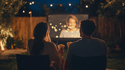 Young couple is enjoying a romantic outdoor movie night, sitting in their backyard and eating popcorn