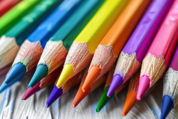 Naklejka premium A row of colored pencils are lined up on a wooden surface