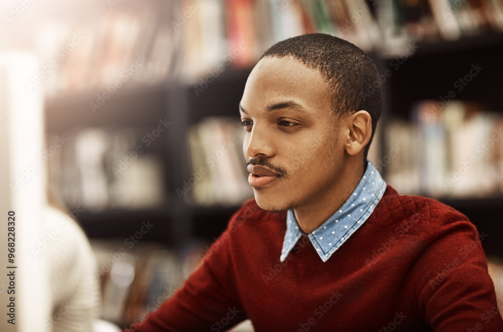 Aufkleber computer, african man and student at library for research, knowledge and test results in college. un