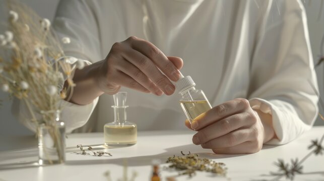 Natural skincare preparation with essential oils and herbs on a bright table in a serene setting