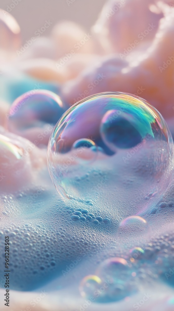 Poster Close-up of colorful soap bubbles with iridescent reflections, abstract background. Relaxation and cleanliness concept