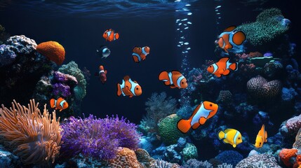 Fototapeta premium Clownfish Swimming Amongst Coral Reef