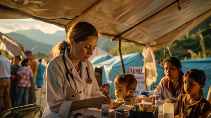 A doctor offers medical care to kids at a temporary clinic during a health outreach event
