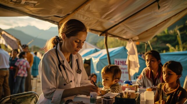 A doctor offers medical care to kids at a temporary clinic during a health outreach event