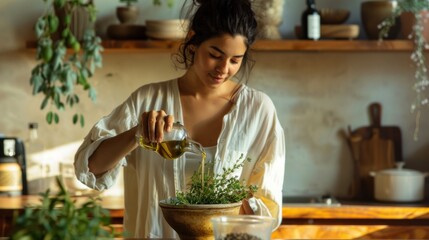 A woman pours olive oil over fresh herbs in a cozy kitchen. Homeopathy