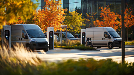 A fleet of electric sprinters charging at a modern charging station in a city setting.