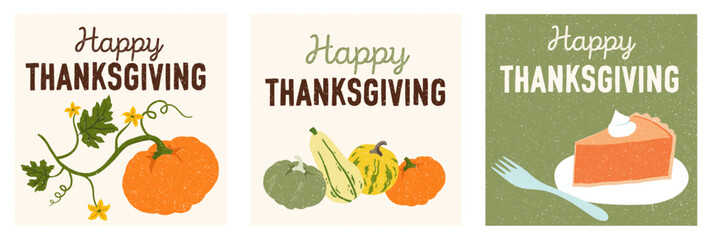 Happy Thanksgiving greeting cards or social media posts --- Hand-made vector illustrations 