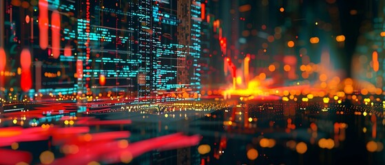 An Abstract representation of stock market activity with animated graphs, colorful data points, and fluctuating indicators illustrating complex financial movements.