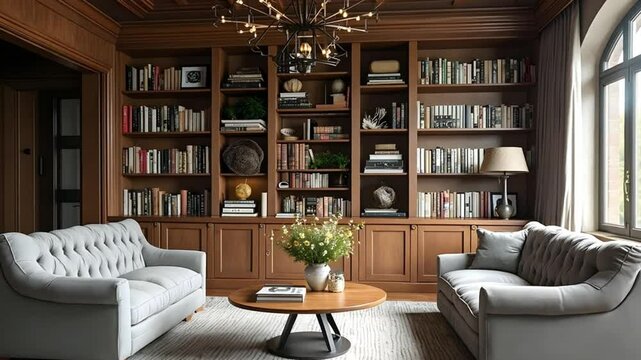 Elegant Library with Wooden Bookshelves and Grey Sofas