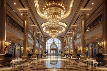 Majestic interior with soaring ceilings and elegant chandeliers.