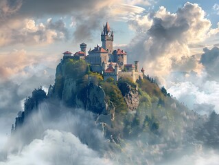 Fototapeta premium Magnificent fantasy castle perched atop a misty hill with dramatic clouds