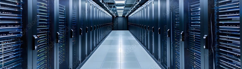 Poster a modern data center showcasing rows of server racks, highlighting infrastructure for data storage a