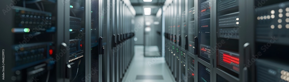 Poster a modern data center with rows of servers, showcasing advanced technology and efficient design for d