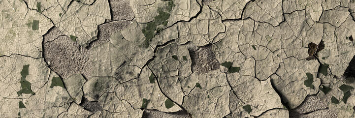 Peeling paint on the wall. Panorama of a concrete wall with old cracked flaking paint. Weathered rough painted surface with patterns of cracks and peeling. Wide panoramic grungy texture for background