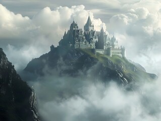 Fototapeta premium Magnificent fantasy castle perched atop a misty hill with dramatic clouds