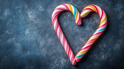 colorful candy canes arranged in heart shape for christmas dessert concept background with space for text