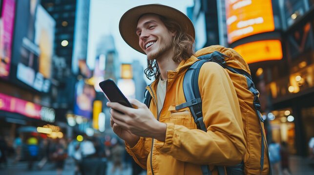Young tourist is using a smartphone app to navigate the busy streets of times square
