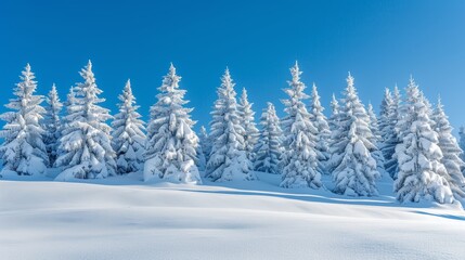 Fototapeta premium Fluffy spruce trees blanketed in snow among snowy mountains under a vibrant blue sky winter Scandinavian landscape