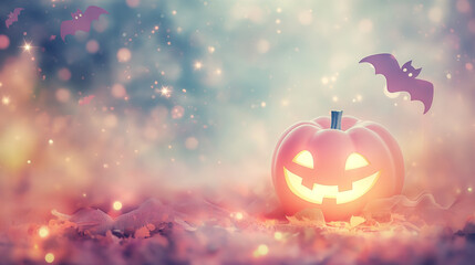 A pastel-colored pumpkin with shimmering eyes, with small bats fluttering around and ghosts floating nearby. The backdrop is a gentle night sky filled with magical stars. The atmosphere is cute