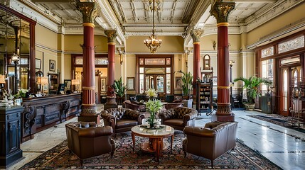 Grand Victorian hotel lobby, renowned for its architecture and historical allure.