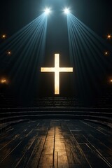 Naklejka premium Illuminated Cross on Dark Wooden Stage with Spotlights