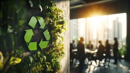 Green recycle symbol icon sign with professional environment background to represent recycling or sorting of waste at office and for working people