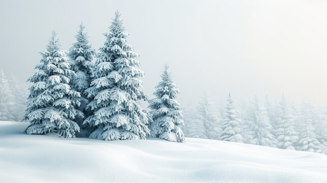 Enchanting forest of fluffy spruce trees blanketed in snow amidst a winter blizzard landscape banner