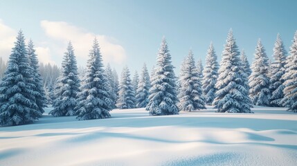 Snow covered fluffy spruce trees in a sunlit forest surrounded by white snowdrifts winter landscape banner